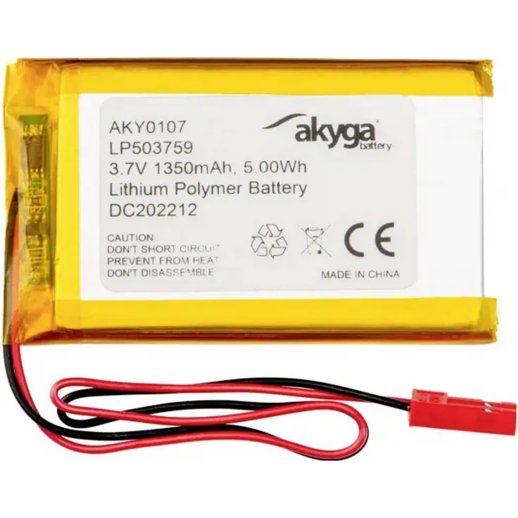 Akyga LP503759, Spezial-Akku LiPo 3.7V 1350 mAh mit Schutzsystem gegen Überladung und Kurzschluss, 2-poliger JST-Stecker