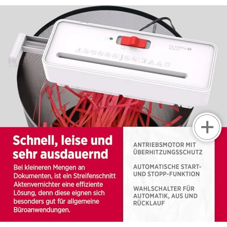 OLYMPIA PS 36 Pro Aktenvernichter, Streifenschnitt P-2, 6 mm, für bis zu 6 Blatt, weiß, mit Rücklauffunktion und Überhitzungsschutz – Bild 5