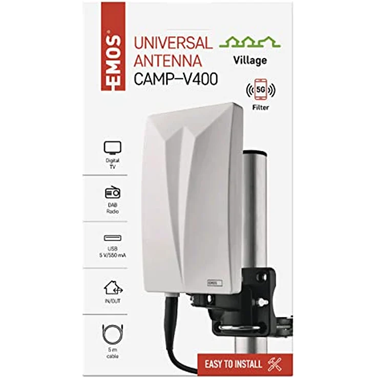 EMOS Innen- und Außenantenne Village, universale aktive Antenne mit 20 dBi Verstärker, LTE-Sperrfilter und 360° Empfang für DVB-T2, DAB, FM, Full HD, wetterfest, weiß – Bild 2