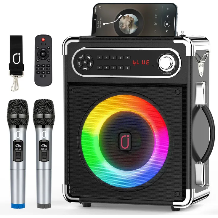 JYX Karaoke-Maschine Lautsprecher mit Fernbedienung, 5,25” Subwoofer, Bluetooth 5.0, 5200mAh Akku, Disco-Lichter, TF-Karten/FM, REC