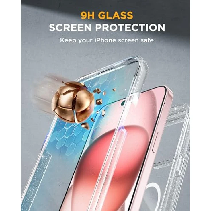 Miracase Schutzhülle für iPhone 15, MagSafe-kompatible, 360°-Hülle mit 9H gehärtetem Glas, Anti-Fingerabdruck-Schutz und Kameraobjektivschutz, klarer Glitzer – Bild 5