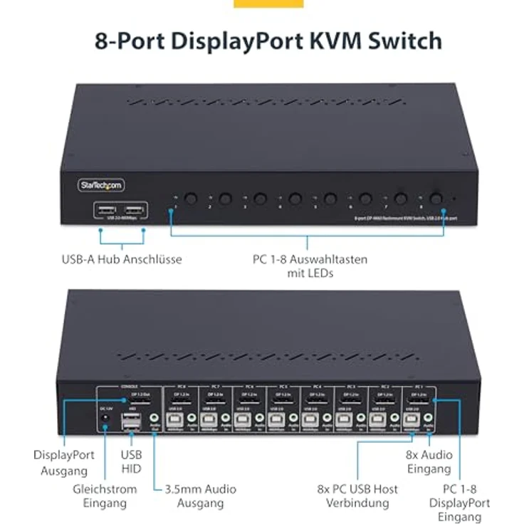 StarTech.com 8 Port DisplayPort KVM Switch, 1HE Rackmount, 4K 60Hz DP 1.2, TAA-konform, Hotkey-Umschaltung, USB 2.0 Hub – Bild 2