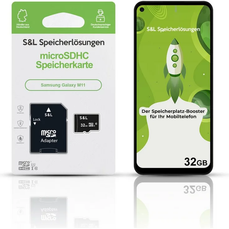 Tec-Expert microSD Karte S&L für Samsung Galaxy M11, 32 GB, Class 10, microSDHC, stoßfest und wasserdicht