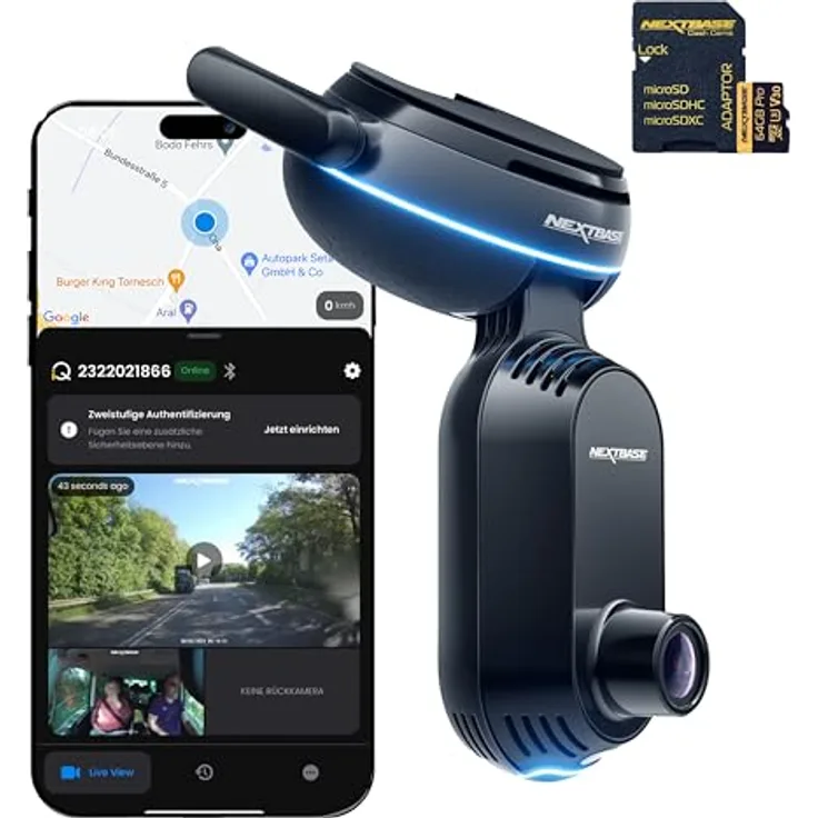 Nextbase® iQ 2K Smart HD Dash-Cam Auto mit 4G/LTE und GPS, 64GB Micro SD Card Bundle, 1440p Dash Cam mit Front- & Innensicht, 1440p Dash Cam 4K mit Smart Sense Parking, Emergency SOS, Roadwatch AI