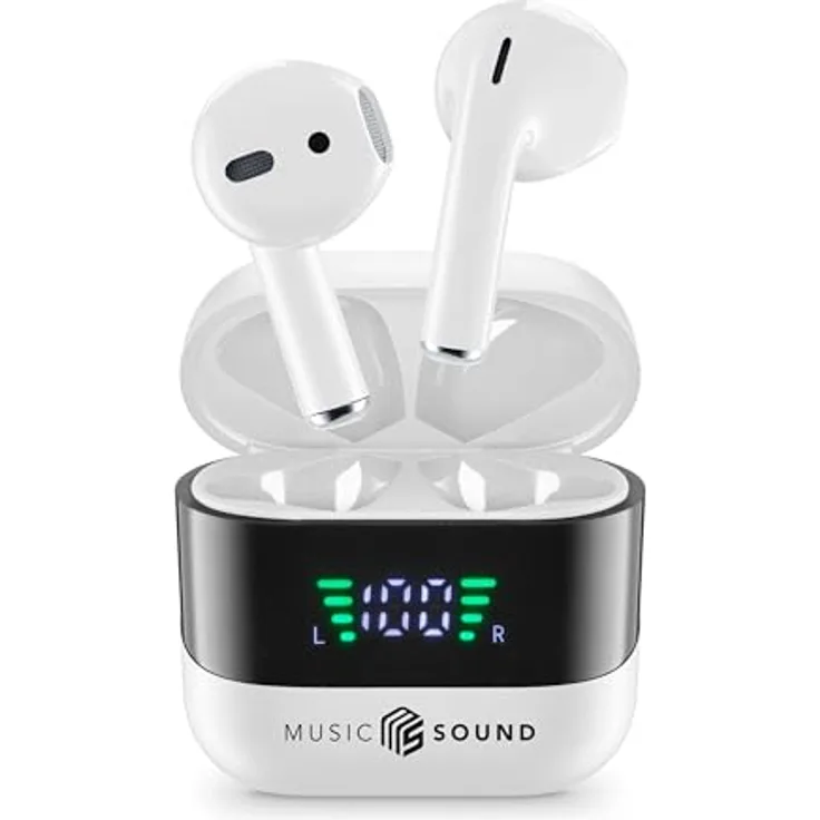 Music Sound Spark TWS Kopfhörer, Bluetooth, Wireless, LED-Display, 30 Stunden Wiedergabe, automatisches Pairing, Touch-Steuerung, Weiß