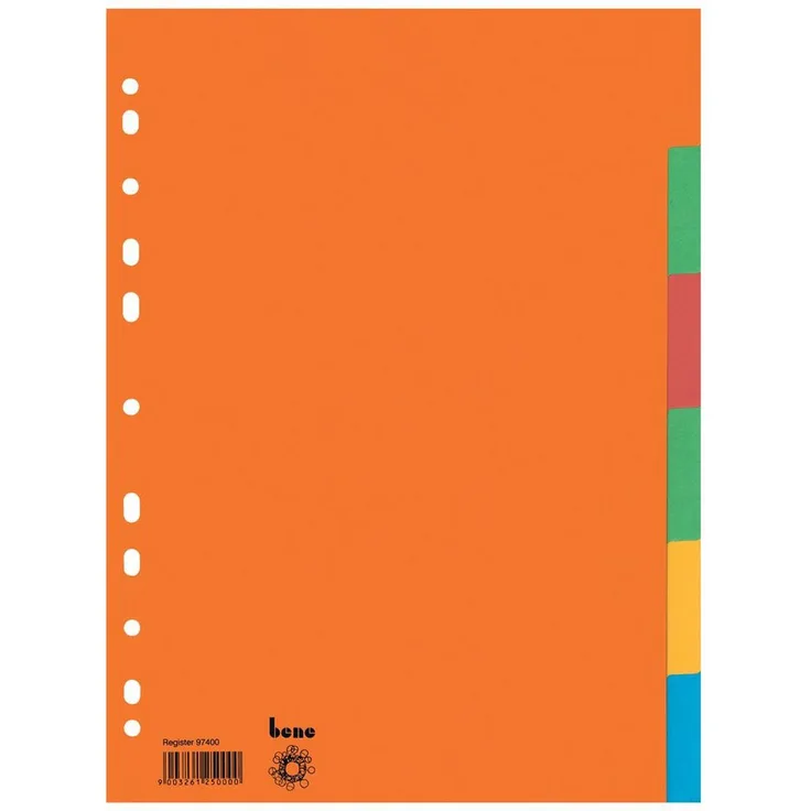 bene Aktenordner bene Ordnerregister Vollformat blanko farbsortiert 6-teilig, 5 Satz, 100 % Recyclingkarton, mehrfarbig