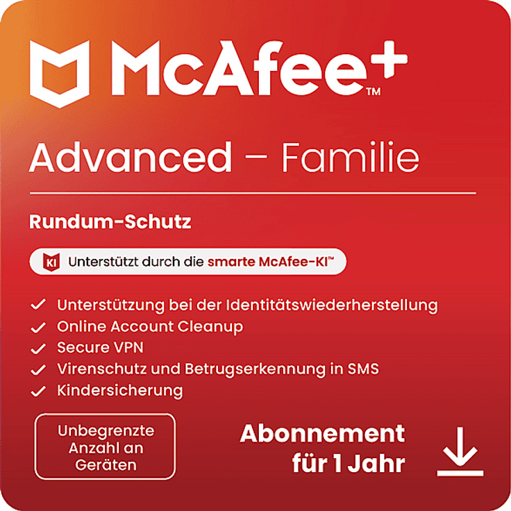 McAfee+ Advanced Familie, Antivirus- und Internet-Sicherheitssoftware für unbegrenzte Geräte, 1-Jahres-Abo, Multiplattform mit Identitätsüberwachung und Secure VPN