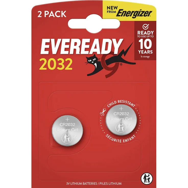 Eveready Knopfzelle CR2032, 3V Lithium-Batterien im 2er Pack, kompatibel mit Uhren und Sicherheitssystemen