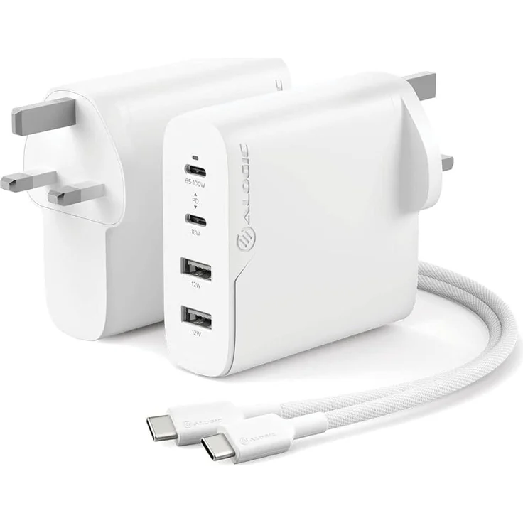 ALOGIC USB-Ladegerät 100W GaN, 4 Ports (3 USB-C, 1 USB-A) für Smartphone und Tablet, Schwarz
