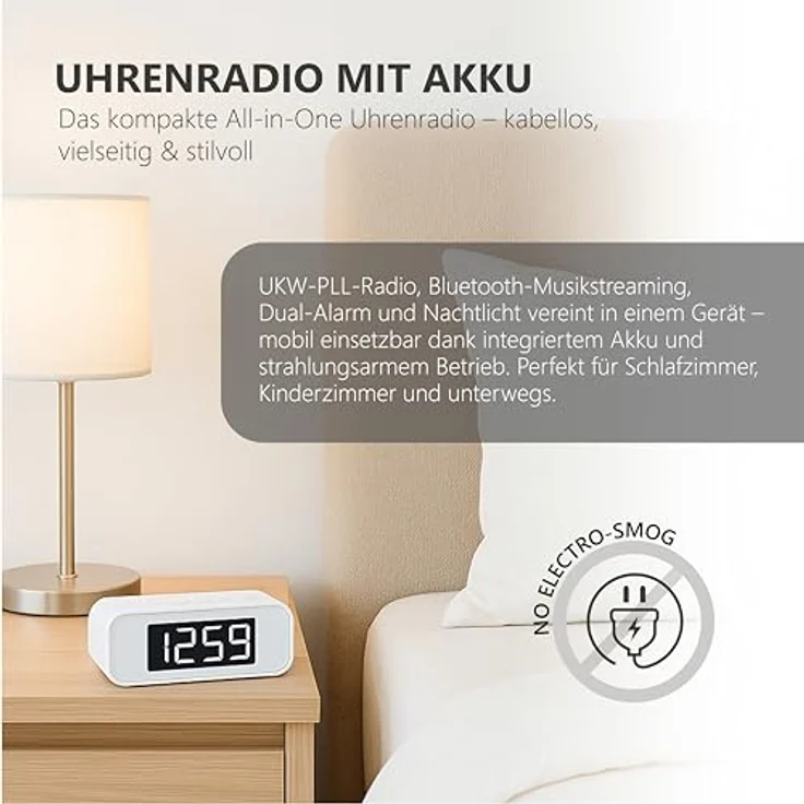 Silva Schneider UR 4200 BT, Kompaktes UKW-PLL-Uhrenradio mit Akku, Bluetooth, Dual-Alarm, Nachtlicht, USB-Ladefunktion, LED-Display, 30 Senderspeicher – weiß – Bild 5