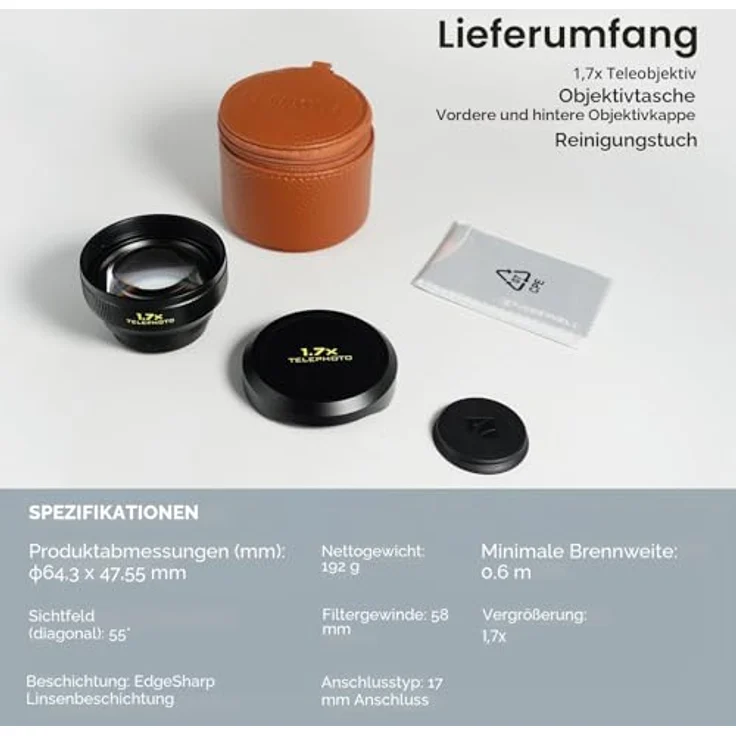 Freewell 1.7x Smartphone Telephoto Lens, 17-mm-Anschluss mit robustem Aluminiumgehäuse, ideal für Porträts und Streetfotografie – Bild 4