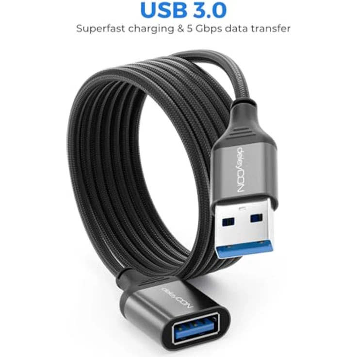 deleyCON 0,5m USB 3.0 Verlängerungskabel, 5Gbps, A-Stecker auf A-Buchse, Aluminium Stecker, Nylon Kabel, Datenkabel für Tastatur, Drucker, Scanner, Kamera – Bild 2