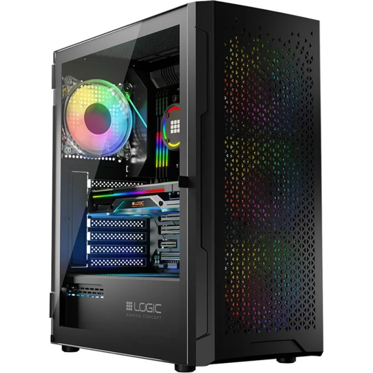 Logic ARAMIS ARGB MINIDI USB-3.0-Gehäuse, Midi-Tower in schwarz mit gehärtetem Glas und RGB-Beleuchtung