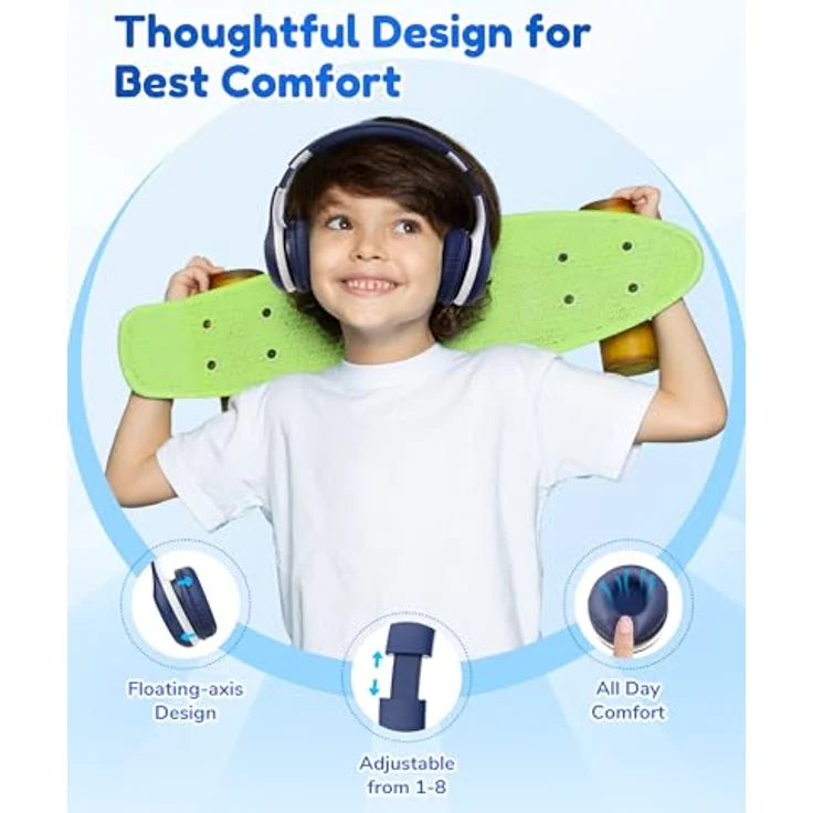EarFun Bluetooth Kopfhörer Kinder, HiFi Sound, 85/94dB Lautstärkeregelung, HD-Mikrofon, 40 Std Akku, Faltbar & Einstellbar, Blau – Bild 3