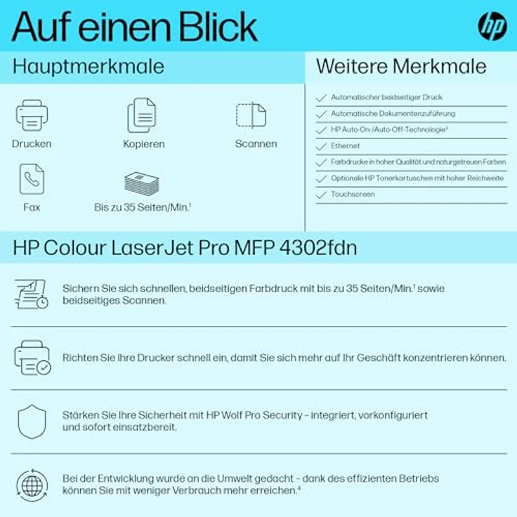 HP Color LaserJet Pro MFP 4302fdn Multifunktions-Laserdrucker, Drucker, Kopierer, Scanner, Fax, Duplex-Druck, WLAN, LAN, Ethernet, Airprint, für bis zu 10 Benutzer, Instant Ink für Toner verfügbar – Bild 3