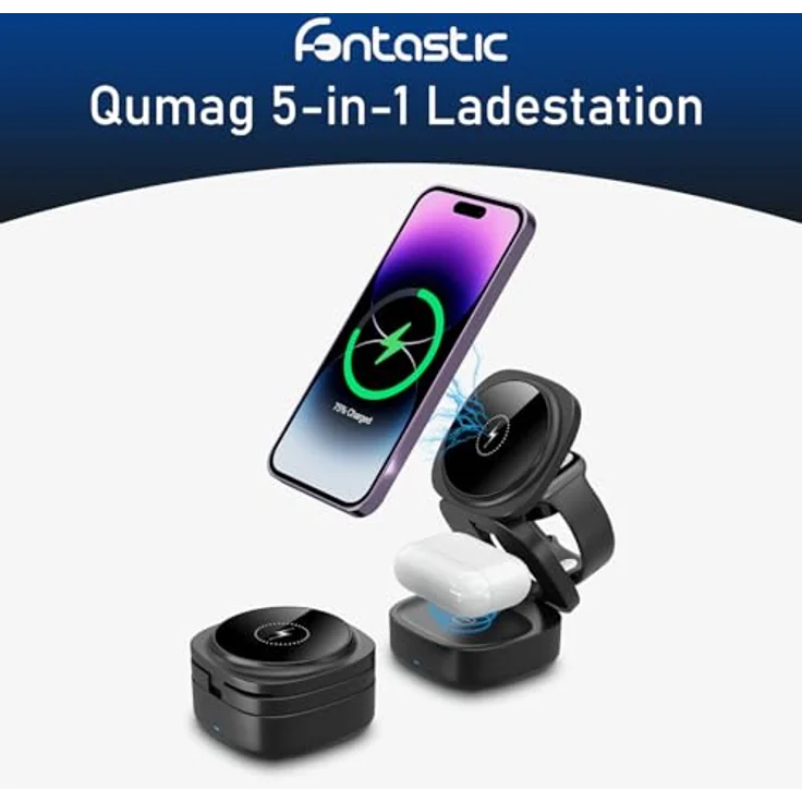 Fontastic Qumag induktive Ladestation 65W, Faltbarer 5-in-1 Wireless Charger mit Fast Charge USB-A und Power Delivery USB-C, geeignet für Smartphones, Tablets und mehr – Bild 2