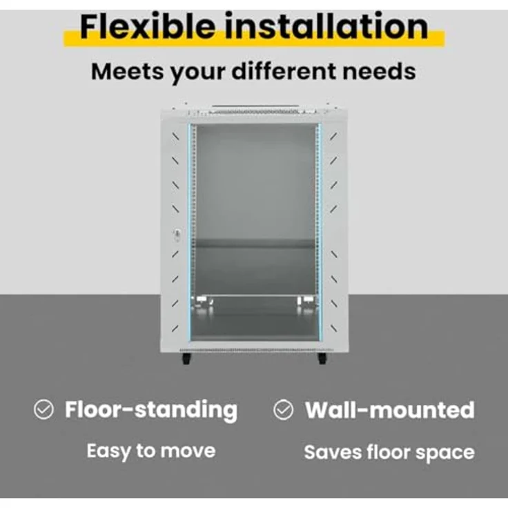 vidaXL Netzwerkschrank Grau 60 x 60 x 80 cm, stabiler Stahl mit Sicherheitsglas, mobiler Büro-Schrank, hitzebeständig, ideal für Netzwerkausrüstung – Bild 5