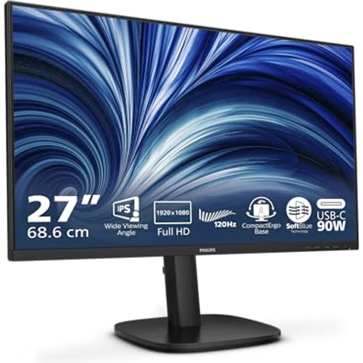 Philips 24B2U3301, 24 Zoll Full-HD-Monitor mit 120 Hz, 130 mm höhenverstellbar, Lautsprecher, HDMI, DP, USB-C (90 W PD), schwarz – Bild 1