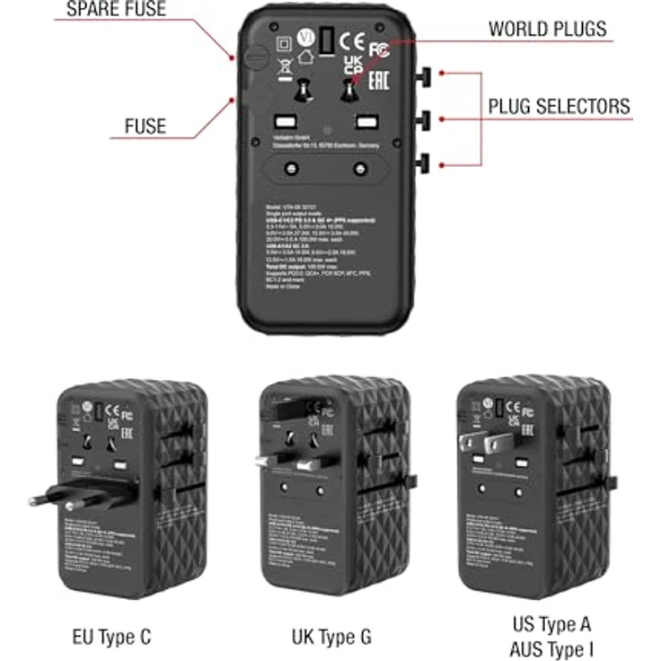 Verbatim UTA-06 Reise-Ladeadapter, 2x USB-C PD 100W & QC 4+/2x USB-A, schwarz, für bis zu 5 Geräte, weltweit einsetzbar mit Reiseetui – Bild 2