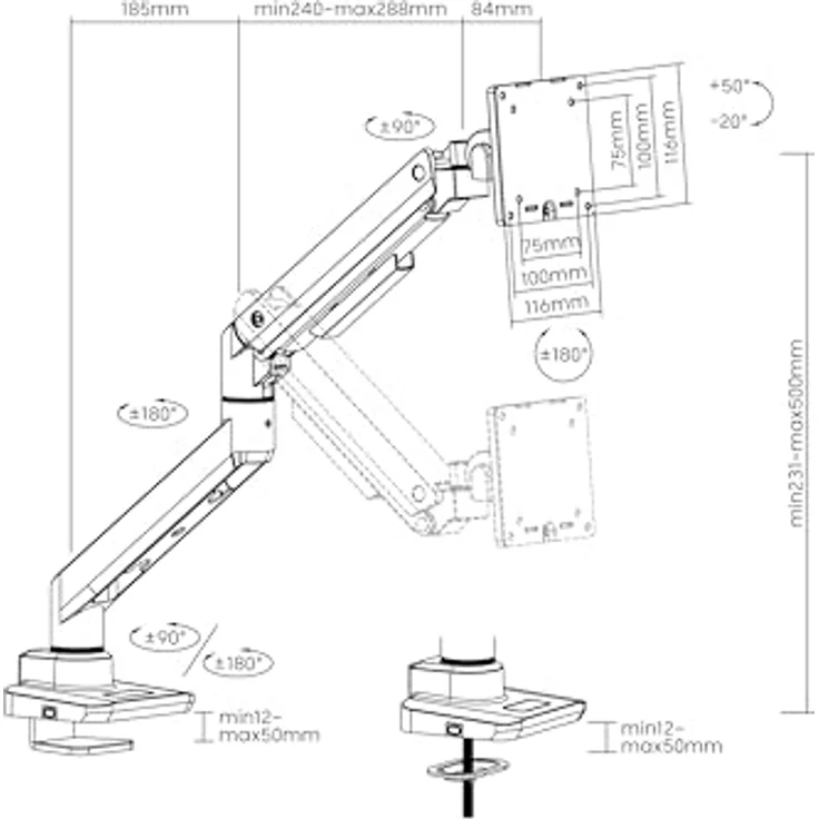 Equip 650180 Robuste Monitor-Tischhalterung für 17 bis 49 Zoll, schwarz - Gasfederstruktur, neigbares Design, Kabelklemmen – Bild 3