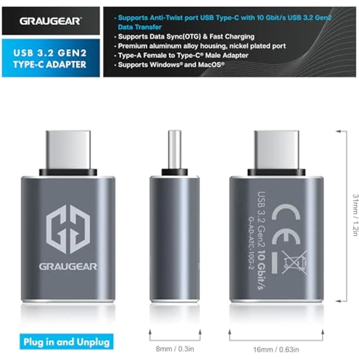 GRAUGEAR | 2 Stücke Adapter | USB zu USB-C | Double Sides USB-C | 10 Gbit/s Datenübertragung USB 3.2 Gen2 | Type-A Buchse zu Type-C® Stecker | USB-C auf USB USB 3.1 Gen2 | G-AD-ATC-10G-2 – Bild 2