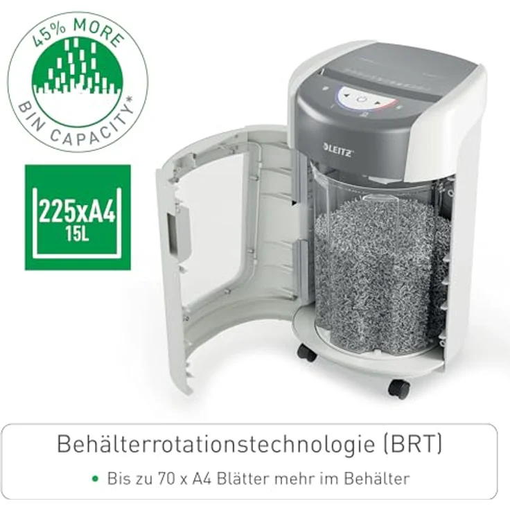 Leitz IQ OptiMax Home Office 225 P5, Aktenvernichter mit Mikro-Partikelschnitt, 90 Blatt Kapazität, leiser Betrieb, Anti-Papierstau-Technologie – Bild 2