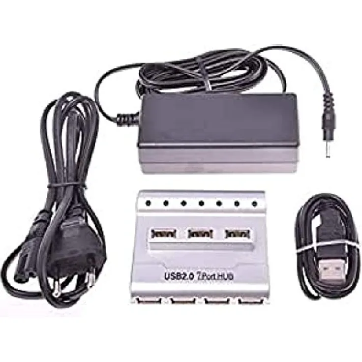 PremiumCord USB Hub 7 Port mit Netzteil, USB 2.0 high Speed, bis zu 480 Mbit/s, integriertes Kabel