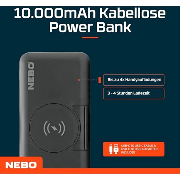 NEBO 10K Powerbank, Kabellos, 10.000mAh, Schnellladefunktion, integrierte Digitalanzeige und Ständer, Travel Essentials – Bild 5
