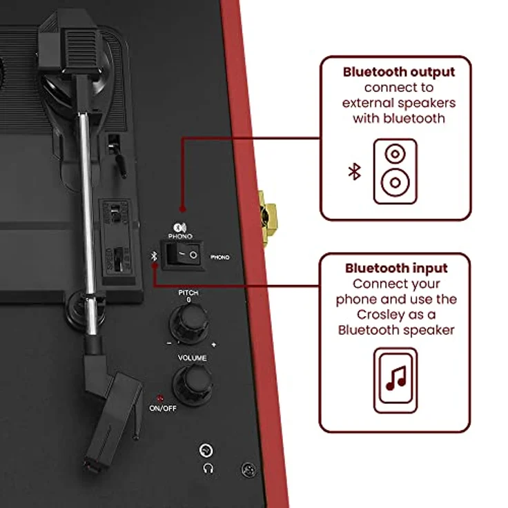 Crosley Voyager Plattenspieler mit 2 Lautsprecher, Bluetooth In & Out und AUX - 3 Speed Retro Schallplattenspieler - Für 7", 10" und 12" Vinyl - Tragbar mit Integriertem Koffer - Burgunderrot – Bild 4