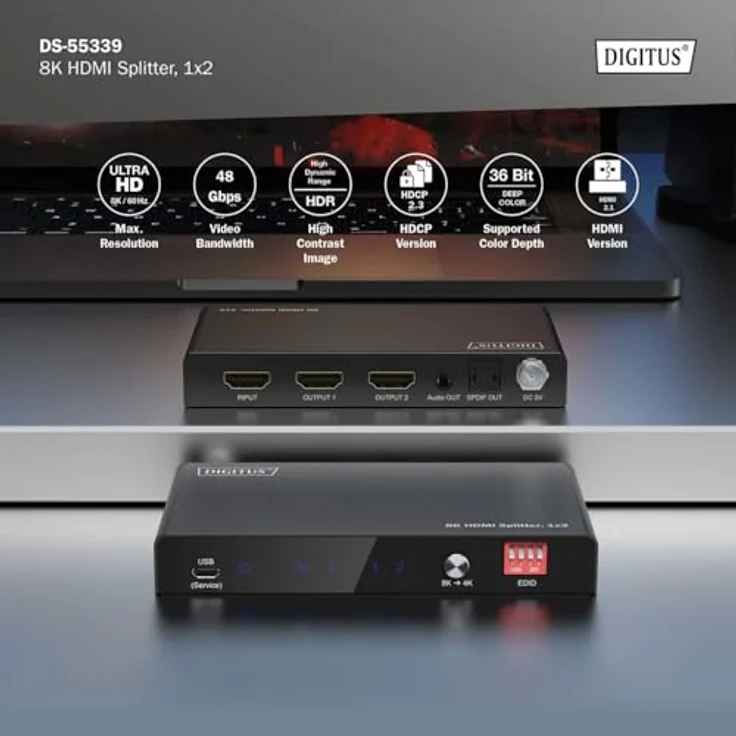 DIGITUS DS-55339 HDMI Splitter 1x2 – UHD 8K/60 Hz – HDR, Deep Color, EDID-Umschalter – Toslink, Stereo (3,5 mm) – Bild 5
