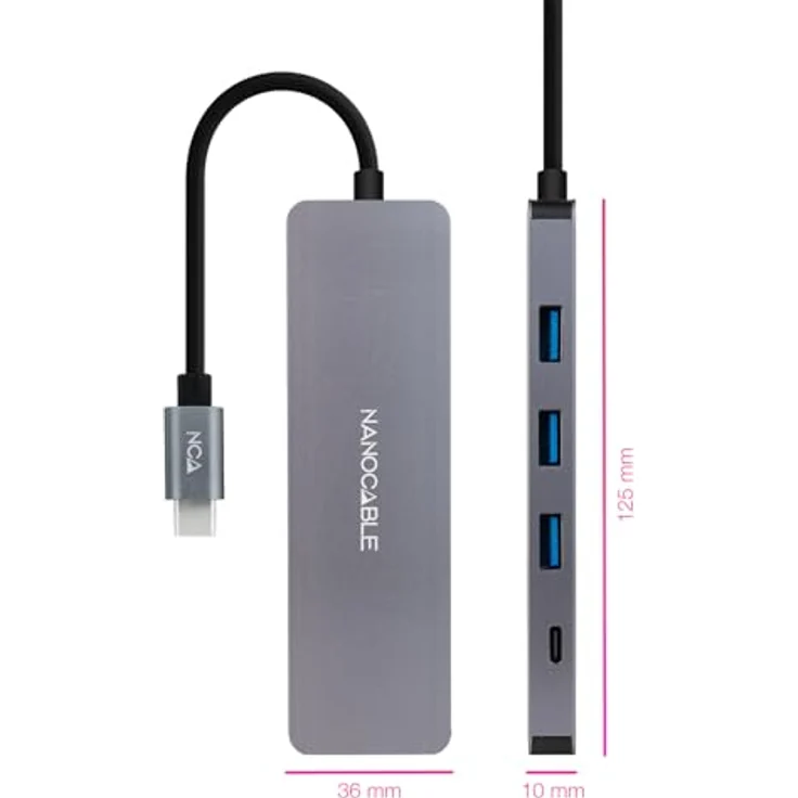 NANOCABLE 10.16.4409, USB-C-Konverter-Hub mit 3x USB-A 3.0 + 1x USB-C, Aluminium, 10 cm, grau, 5 Gbit/s Übertragungsgeschwindigkeit – Bild 2