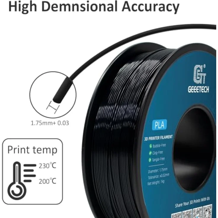 GEEETECH Silk PLA Filament 1.75mm, schwarzes PLA-Filament für 3D-Drucker, 1kg Spule, hohe Präzision, verzugsfrei, silberner Glanz – Bild 3
