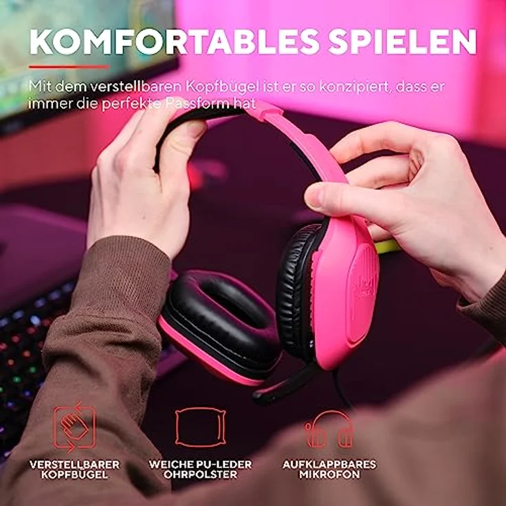 Trust Gaming GXT 415P Zirox Leichtes Gaming Headset mit 50-mm-Treiber für PC, Xbox, PS4, PS5, Switch, Mobile, 2-m-Kabel, 3,5-mm-Audioanschluss, Over-Ear Kopfhörer mit Kabel - Rosa – Bild 5
