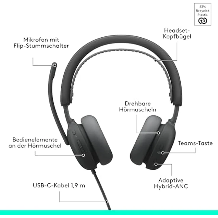 Logitech Zone Wired 2 ES for Business, USB-Headset mit adaptiver Hybrid-ANC, graphit – Bild 6