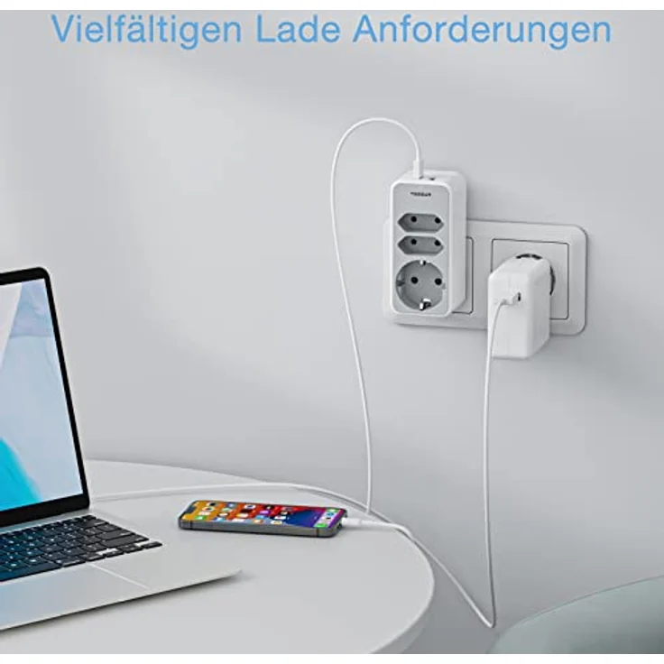 TESSAN Doppelstecker für Steckdose, 5 in 1 Mehrfachstecker für Steckdose, Steckdosenadapter 3Fach mit 2 USB Steckdose, dreifachsteckdose für doppelsteckdose mit USB Stecker, Grau, für Schulanfang – Bild 3