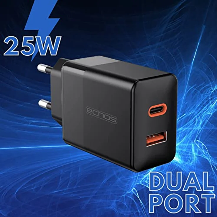Echos 25W Dual Port Ladegerät, USB C & USB A Schnellladegerät mit PD QC 3.0 Unterstützung für iPhone, Samsung Galaxy, iPad und mehr, Schwarz – Bild 2