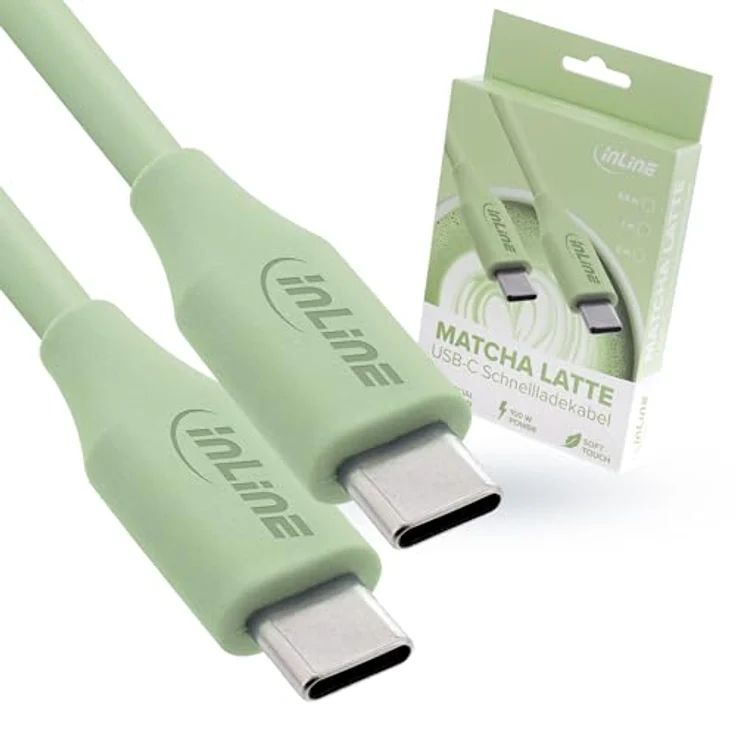 InLine Colour your Charge USB C Kabel 100W, PD Schnellladekabel, ultra-flexibel aus Silikon, für iPhone Air 17/16/15, iPad, Galaxy S23, Pixel, 1m, Matcha Latte (grün) – Bild 1