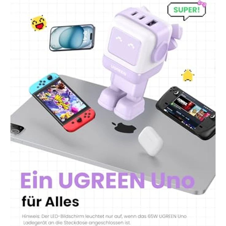Ugreen Nexode RG (65 W), USB Ladegerät mit 2 USB-C- und 1 USB-A-Anschluss, Weiss und Violett, GaN-Technologie mit LED-Anzeige – Bild 7