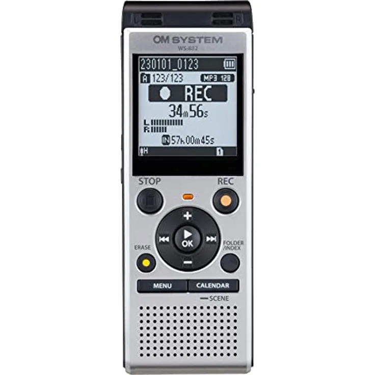 OM SYSTEM WS-882 hochwertiger digitaler Voice Recorder mit Stereomikrofonen, 6 Aufnahmemodi, Direkt-USB, eingebautem Ständer, 4 GB interner Speicher, Silber