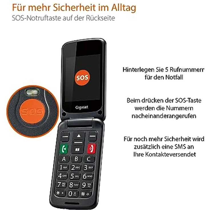 Gigaset GL590 GSM - Senioren GSM Handy Aufklappbar - SOS-Funktion - einfache Bedienung mit 2,8" Farbdisplay - Hörgerätkompatibel, Mobiltelefon 32MB Speicher - Vertragsfrei, schwarz – Bild 2