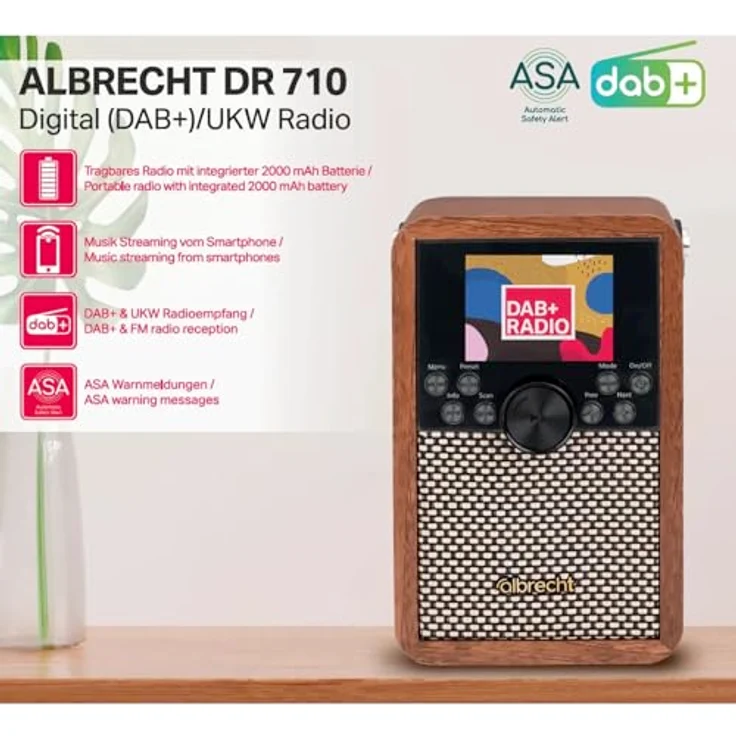 Albrecht DR 710, tragbares DAB+ Digitalradio mit kristallklarem Klang, 2000 mAh Akku, BT 5.3, Musikstreaming über Smartphone, SD-Karte & USB, ASA-Warnmeldungen – Bild 2