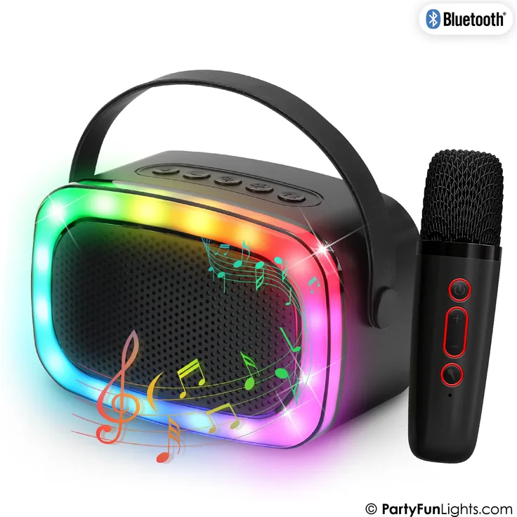 PartyFunLights Mini-Karaoke-Set, kabelloser Lautsprecher mit Mikrofon und LED-Lichtern, schwarz – für Erwachsene und Kinder