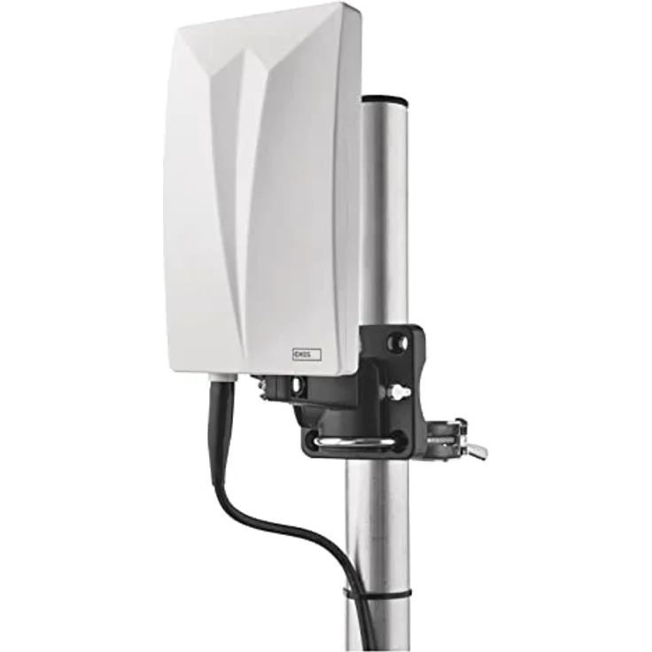 EMOS Innen- und Außenantenne Village, universale aktive Antenne mit 20 dBi Verstärker, LTE-Sperrfilter und 360° Empfang für DVB-T2, DAB, FM, Full HD, wetterfest, weiß