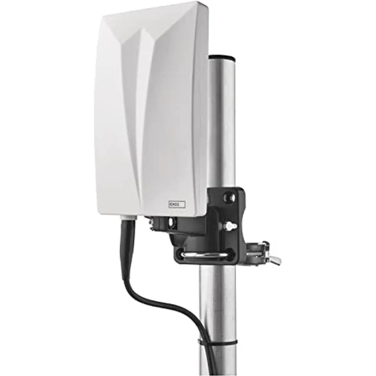 EMOS Innen- und Außenantenne Village, universale aktive Antenne mit 20 dBi Verstärker, LTE-Sperrfilter und 360° Empfang für DVB-T2, DAB, FM, Full HD, wetterfest, weiß – Bild 1
