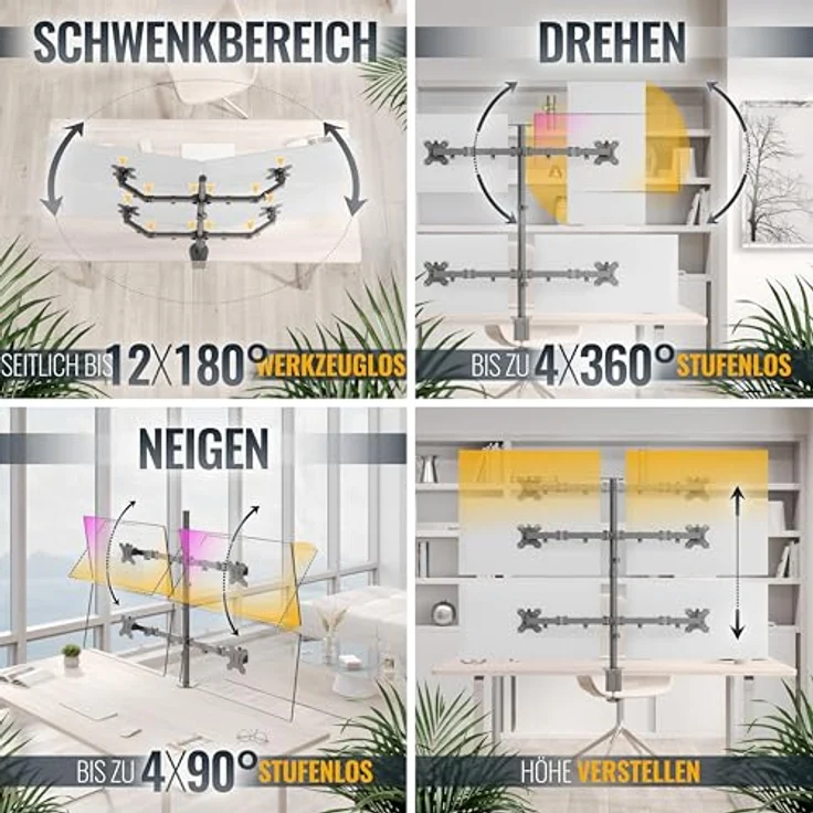 RICOO TS2811 Multi Monitor Tischhalterung, für 4 Monitore bis 32 Zoll, VESA 75x75/100x100, Schwarz, 8 kg Belastbarkeit, höhenverstellbar, 360° drehbar – Bild 3