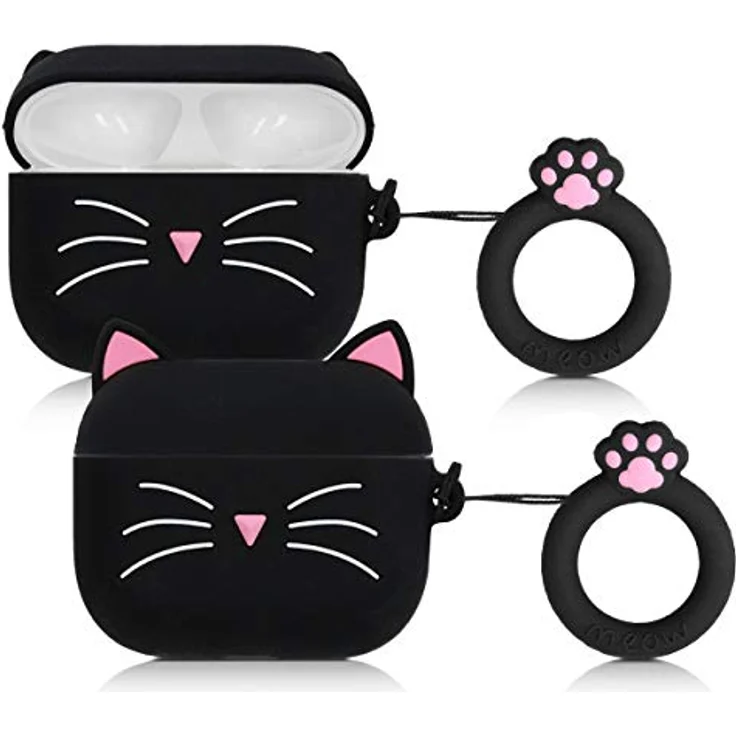 kwmobile Silikon Hülle für Apple AirPods Pro - Schutzhülle mit Katzenmotiv, schwarz-weiß, rutschfest und reißfest – Bild 1