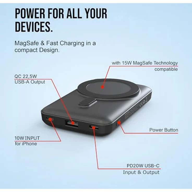 VIESTA® Classic Powerbank 10.000 mAh, Schnelllade-Powerbank mit 22,5W PD, 15W Wireless Charging, USB-C In/Out, USB-A, rot, magnetische Ladefunktion – Bild 4