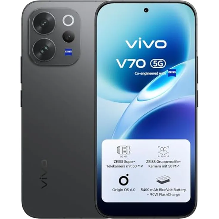 vivo V70 5G-Smartphone, 8 GB RAM + 256 GB, ZEISS 50 MP Super-Telekamera, 6,59" AMOLED-Display in 1.5K, 5.400 mAh Akku, IP68/IP69, Android 16