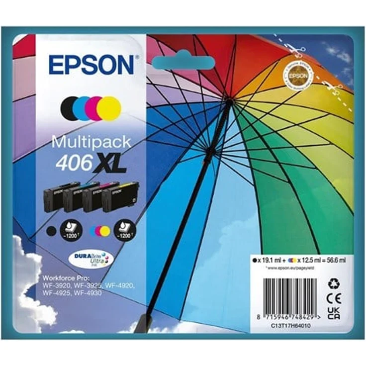 Epson 406XL Multipack, 4er-Pack originale Tintenpatronen in Schwarz, Gelb, Cyan und Magenta, XL