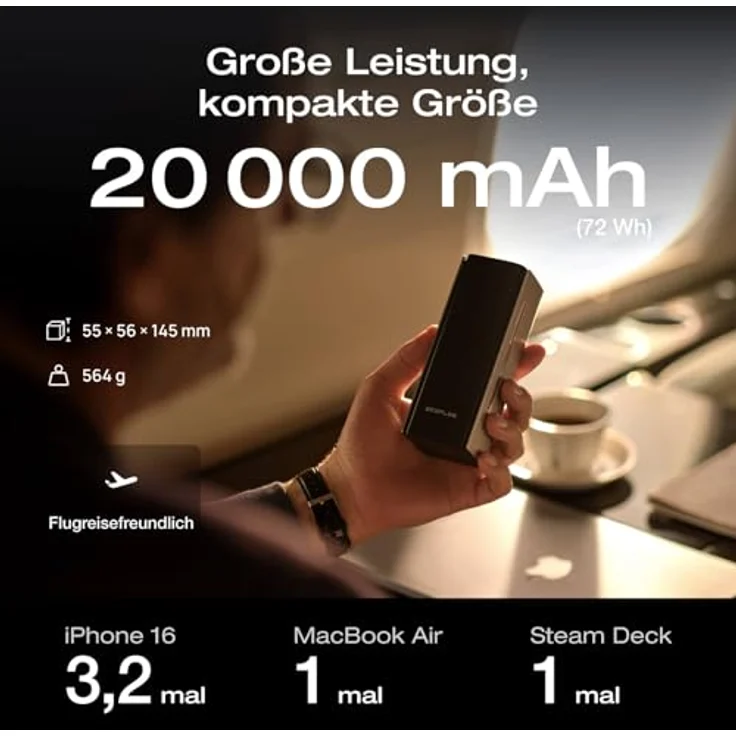 EF ECOFLOW RAPID Pro Powerbank 20000 mAh, 230W Max. Ausgang, 100W-Kabel, 4-Anschluss tragbares Ladegerät, ultr schnelles Laden für iPhone 16/15, Samsung, MacBook, DJI (Ladestation nicht enthalten) – Bild 4